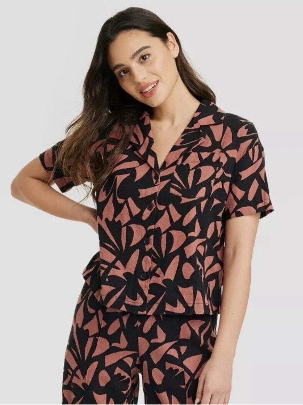 A New Day Medium Black Brown Linen Blend Short Sleeve Button Up Camp Shirt